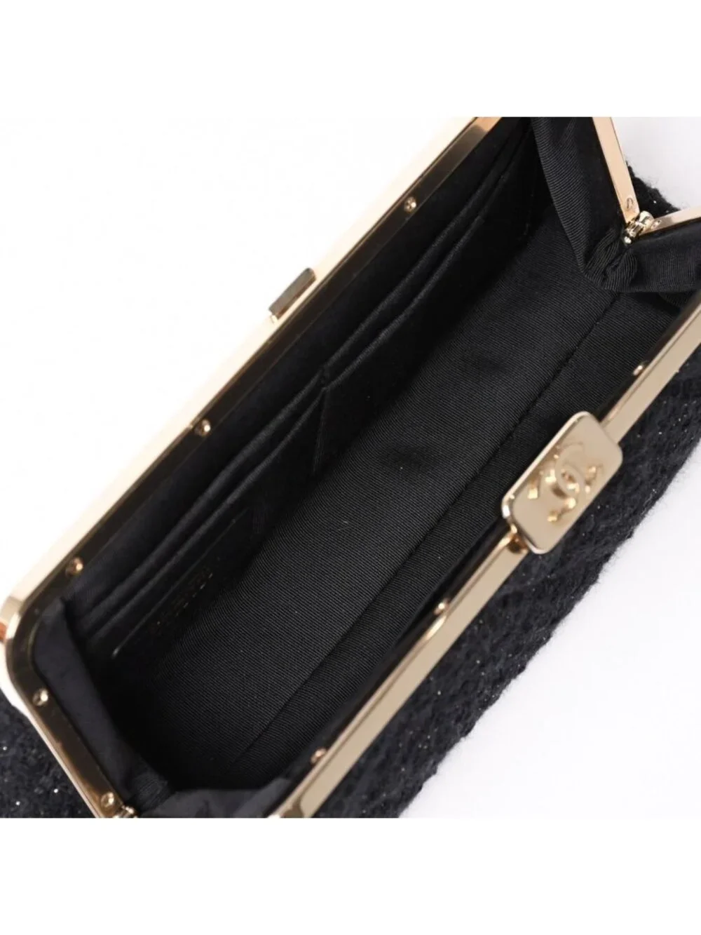 Chanel Clutch Pouch CC Logo Tweed Kiss Lock Black Gold